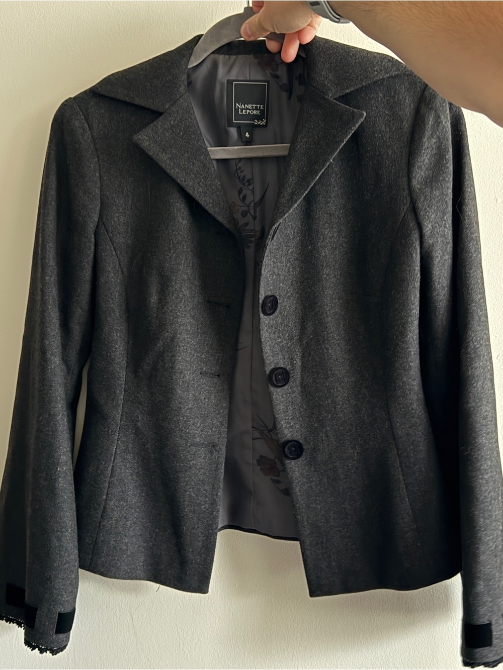 Nanette Lepore Vintage Charcoal Wool Blend Velvet Trim Blazer Size 4